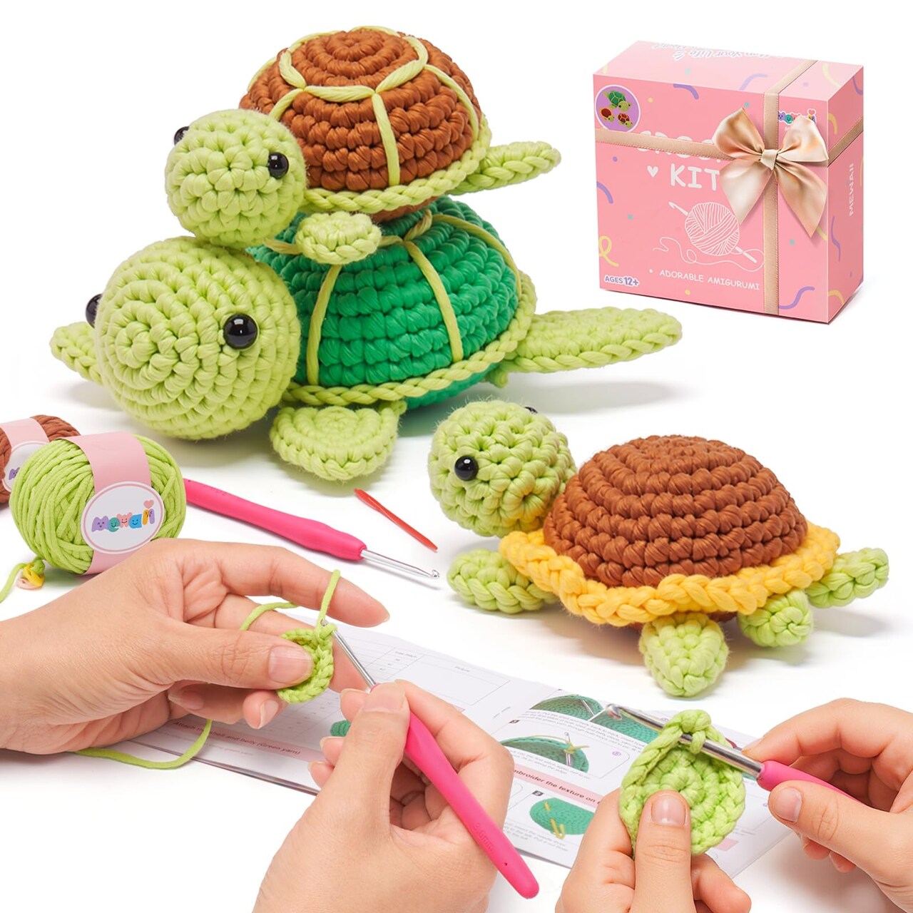 Beginner Crochet Kit with 40% Extra Yarn, Pre-Started Yarn & Video Tutorials - 3 Sea Turtles Craft Set for Adults & Kids